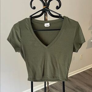 Khaki V-Neck Ribbed Crop Top